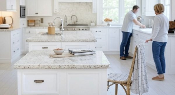 Large kitchen with white cabinets and a double island with two people working in the kitchen.